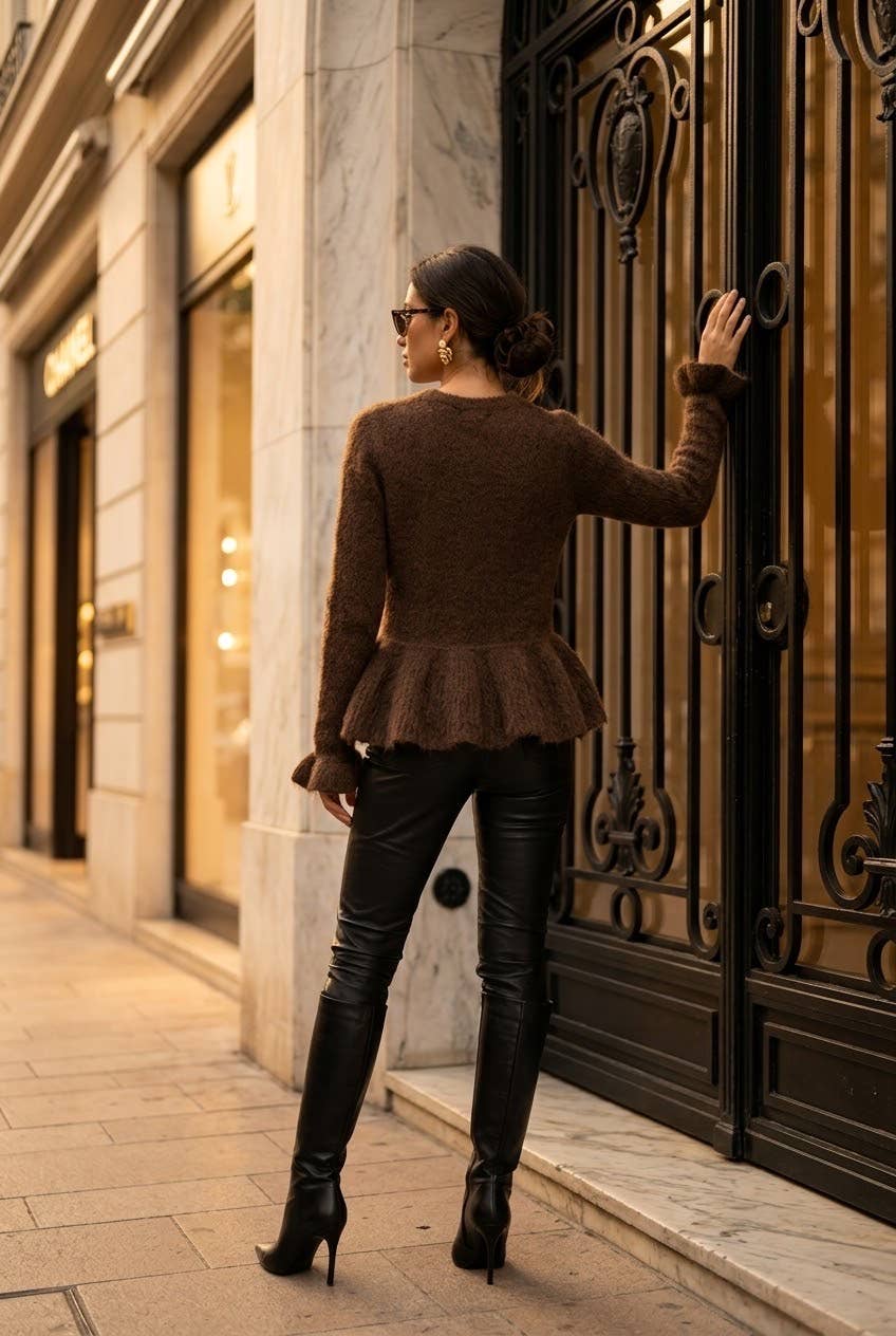 Women's soft ruffled knit sweater: Brown / S/M
