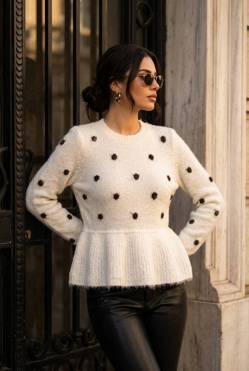 Women's polka-dot peplum sweater: Beige / L/XL