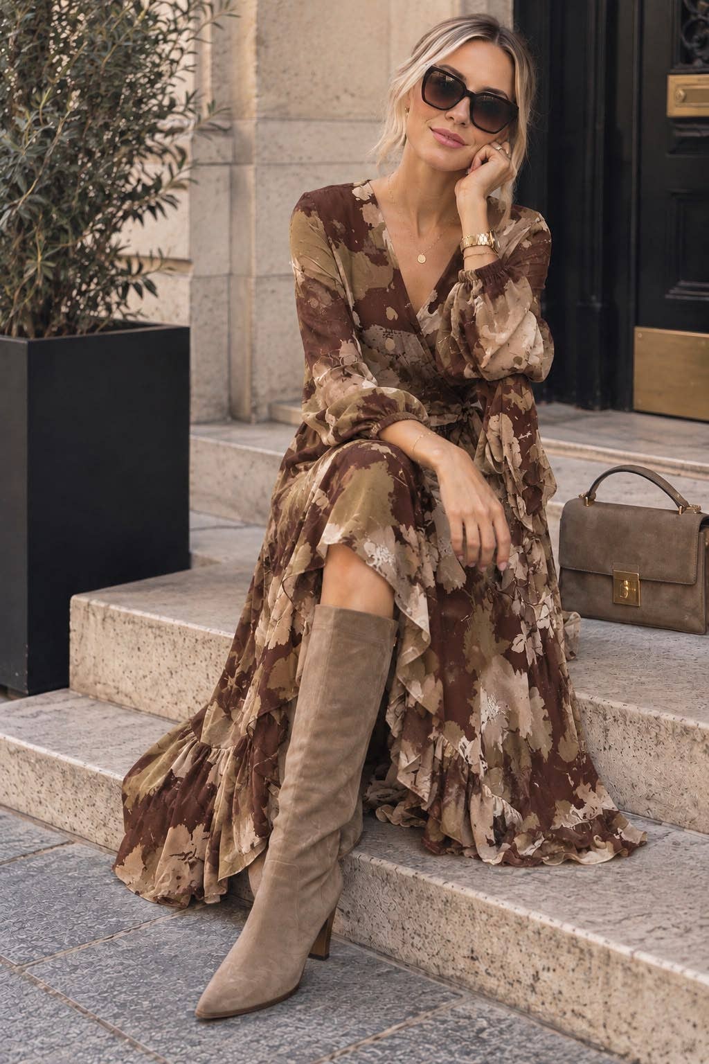 Women's long wrap dress – floral print, tie-waist and flowing ruffles: Brun / ML