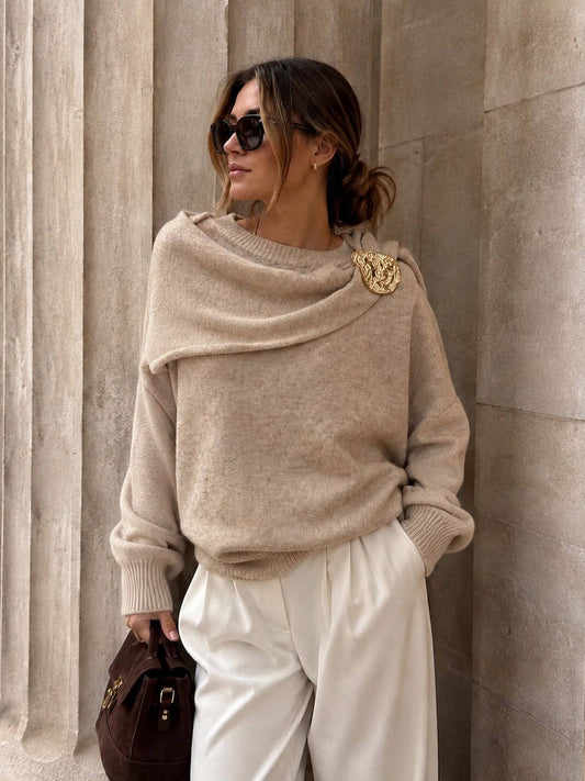 Women's Sweater with Integrated Scarf and Jeweled Brooch – Soft Knit: Taupe / TU 38-42