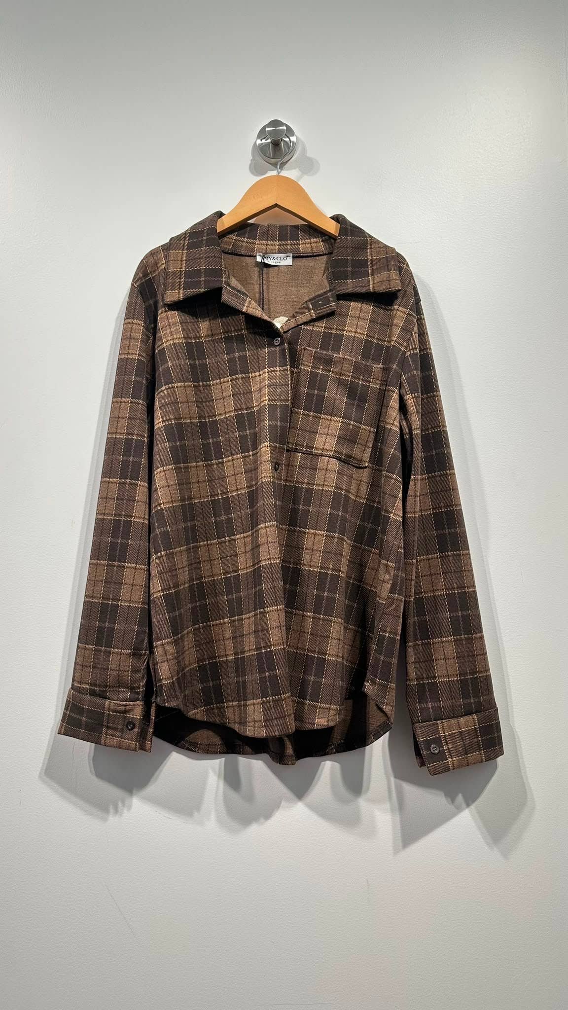 Embroidered Plaid Flannel Shirt: Camel / YOU