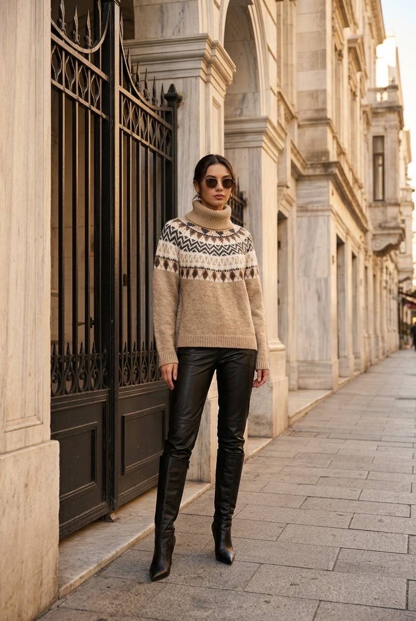 Women's jacquard turtleneck sweater: Beige / S/M