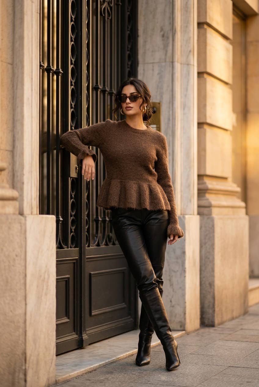Women's soft ruffled knit sweater: Brown / L/XL