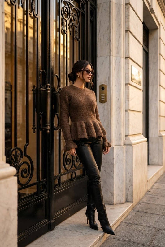 Women's soft ruffled knit sweater: Brown / L/XL