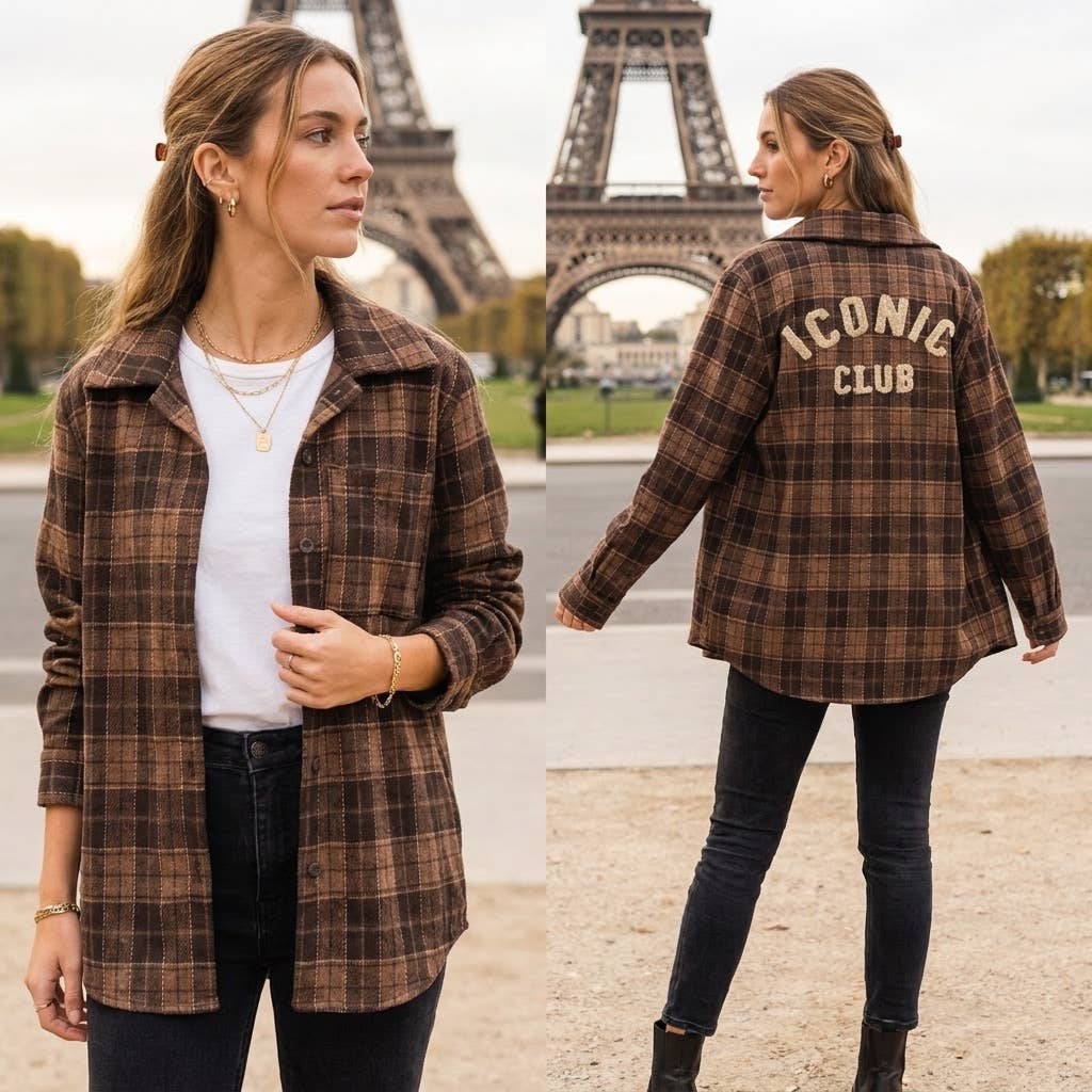 Embroidered Plaid Flannel Shirt: Camel / YOU