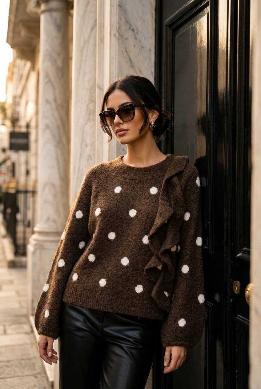 Women's polka-dot sweater with ruffle: Brown / S/M