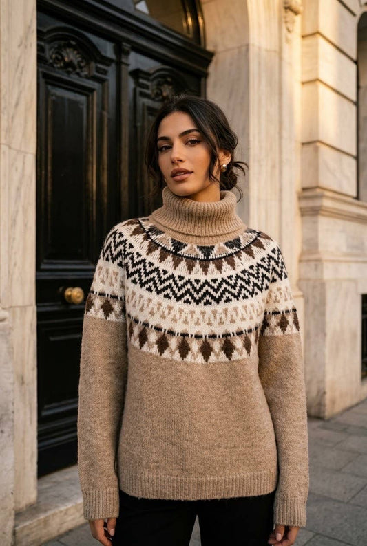 Women's jacquard turtleneck sweater: Beige / S/M