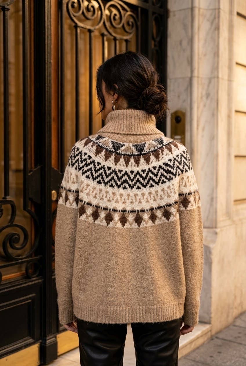 Women's jacquard turtleneck sweater: Beige / L/XL
