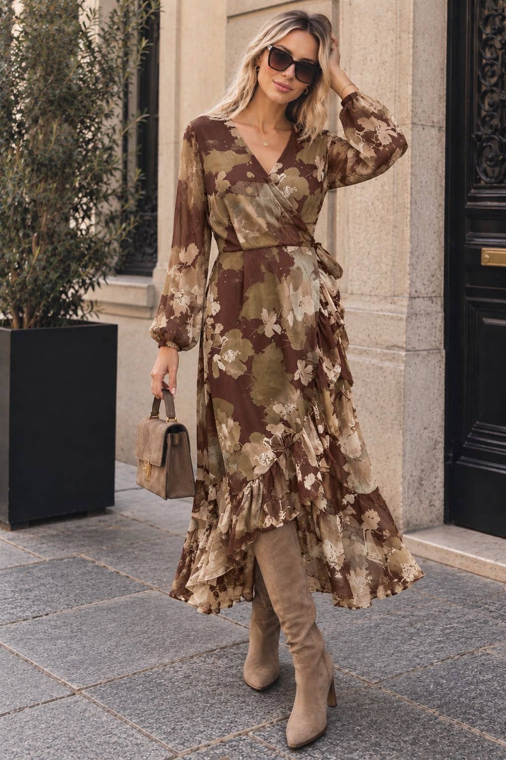 Women's long wrap dress – floral print, tie-waist and flowing ruffles: Brun / ML