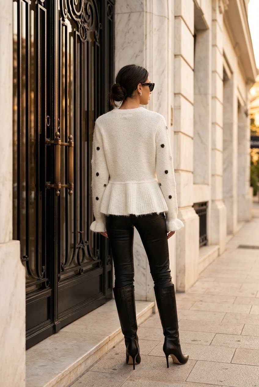 Women's polka-dot peplum sweater: Beige / L/XL