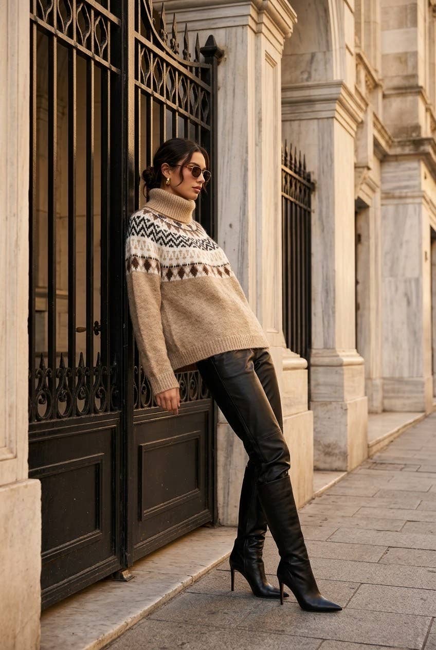 Women's jacquard turtleneck sweater: Beige / L/XL