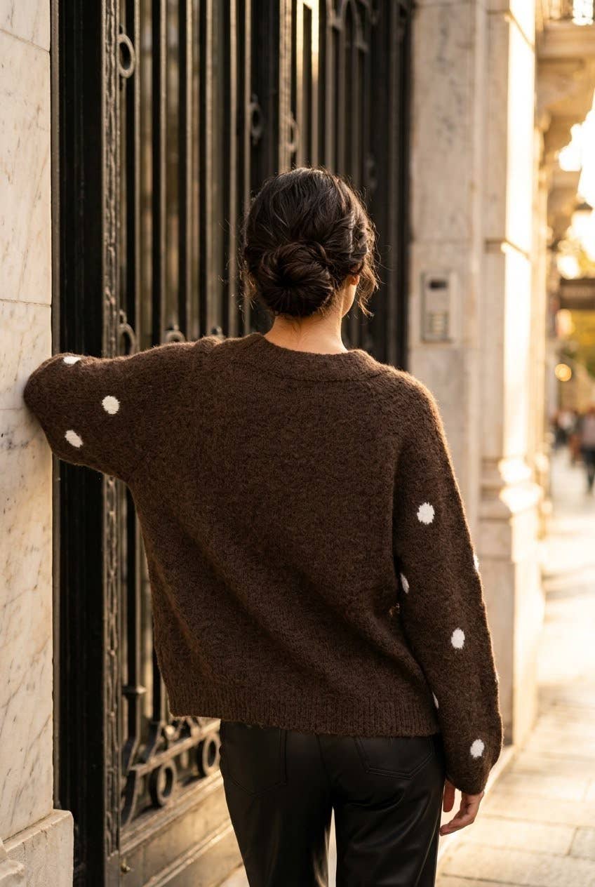 Women's polka-dot sweater with ruffle: Brown / S/M