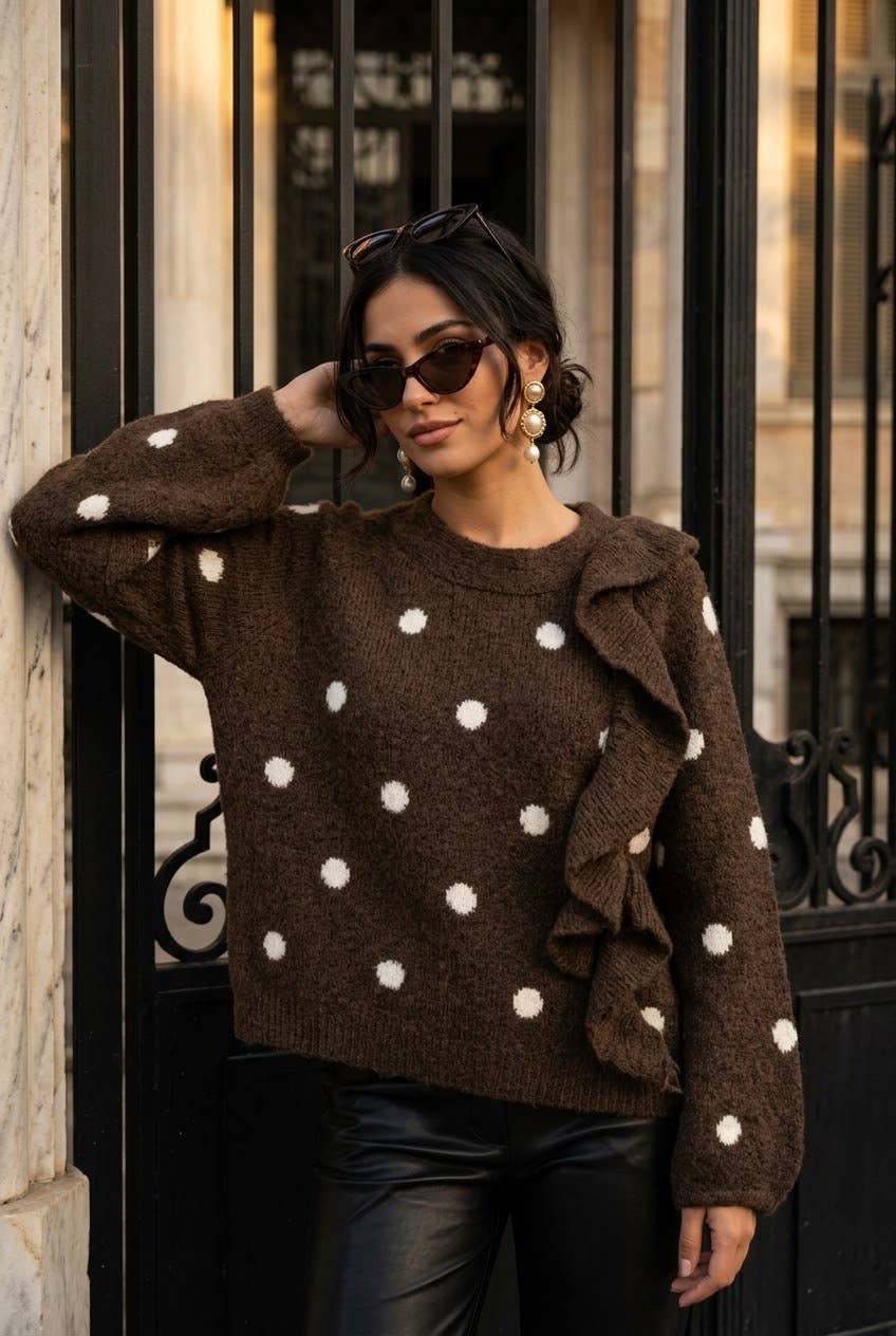 Women's polka-dot sweater with ruffle: Brown / S/M